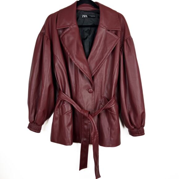 NWOT Zara Blogger Maroon Faux Leather Belted Oversized Blazer Jacket. - Picture 5 of 11